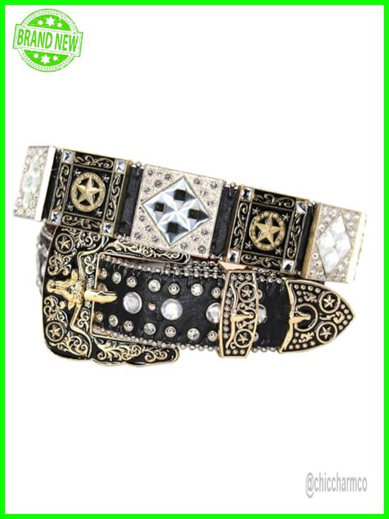 Genuine Leather Crystal Stud Western Belt with Engraved Buckle